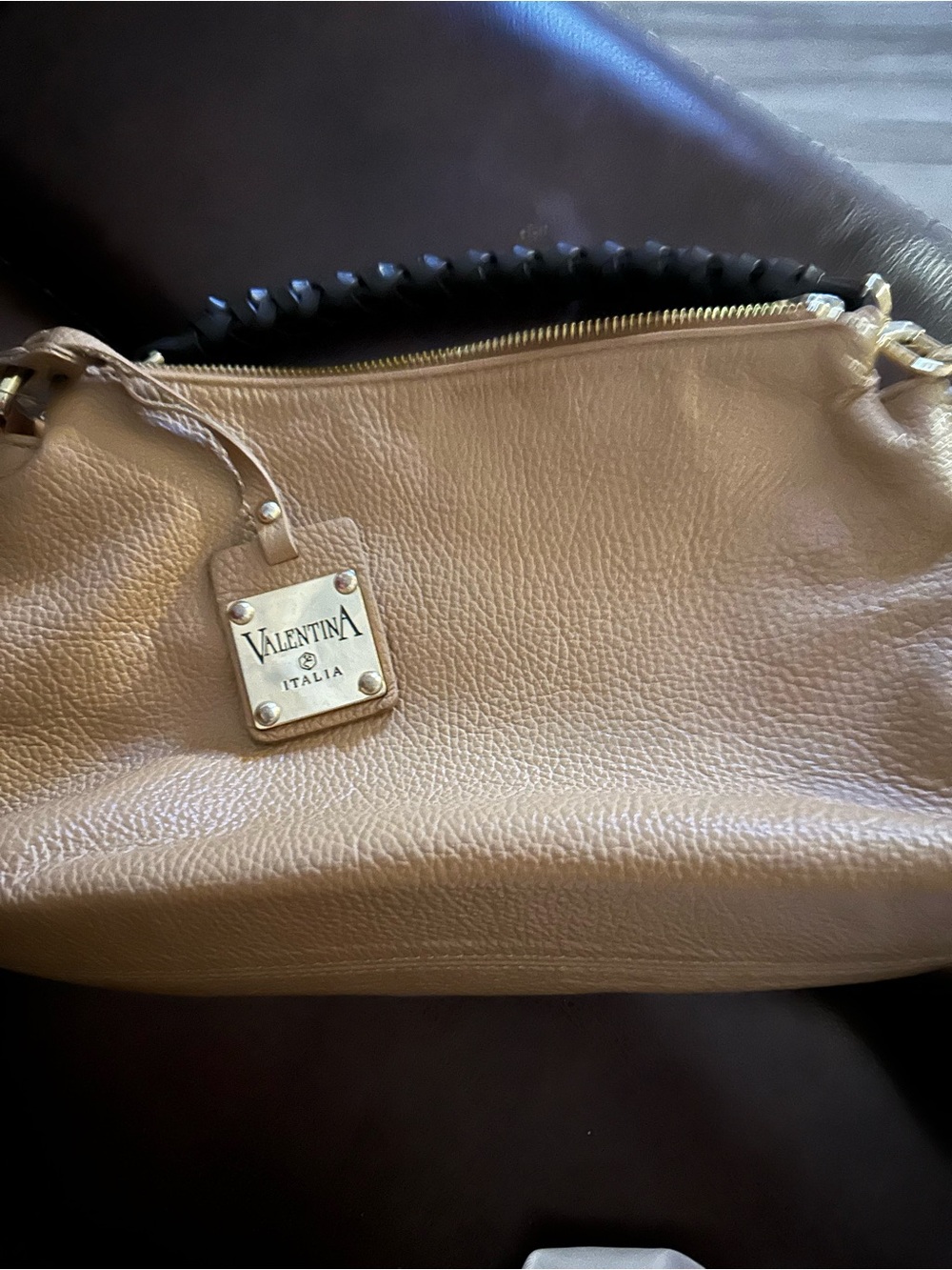 Valentina Beige Leather Rope Shoulder Bag with Gold Plaque